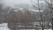 Snowfall and foggy weather at rural scene