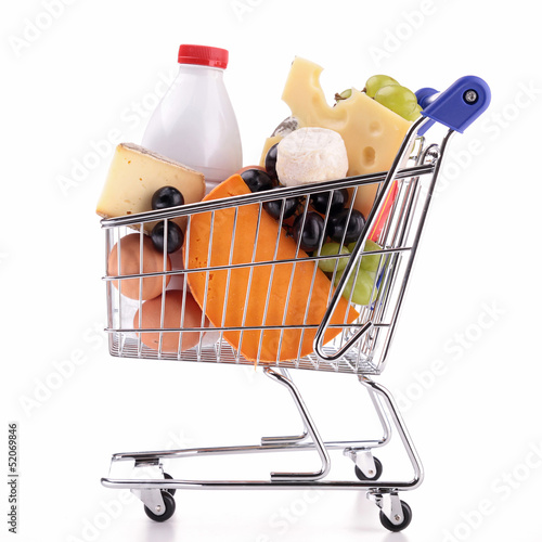 Photo: isolated shopping cart with dairy products isolated shopping cart with dairy products