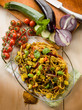 pasta with eggplants zucchinis tomatoes and curry