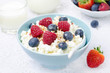 bowl of cottage cheese with berries, honey, nuts
