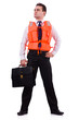 Businessman with rescue safety vest on white