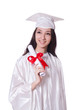 Young female student with diploma on white