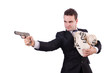 Man with gun and sacks of money