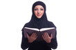 Muslim young woman wearing hijab on white