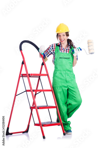 Photo: Woman repair worker with ladder Woman repair worker with ladder