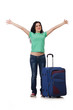 Photo: Young woman with suitcase isolated on white Young woman with suitcase isolated on white