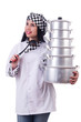 Cook with stack of pots on white