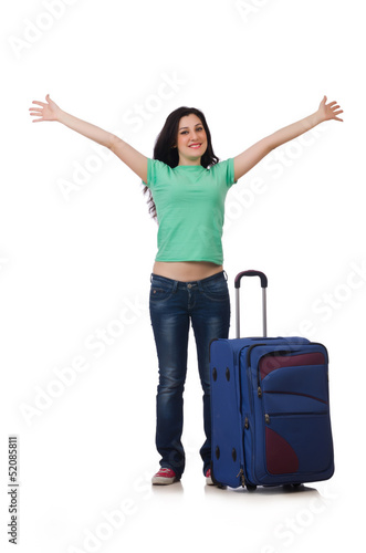Photo: Young woman with suitcase isolated on white Young woman with suitcase isolated on white