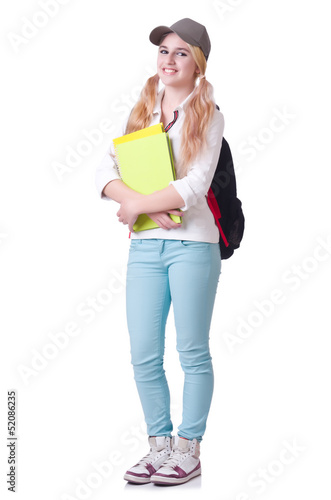 Photo: Girl student with books on white Girl student with books on white
