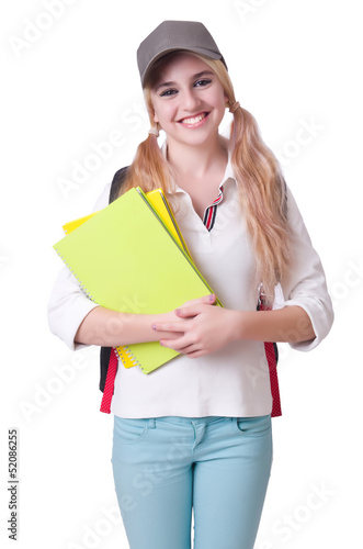 Photo: Girl student with books on white Girl student with books on white