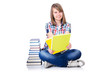 Girl student with books on white