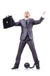 Businessman with shackles on white