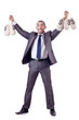Man with sacks of money on white