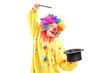 A circus clown performing a magic trick