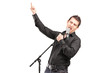 A male singer performing a song