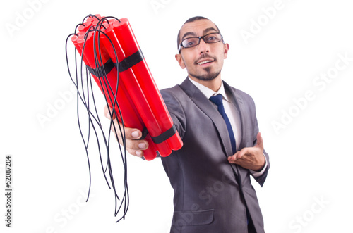 Photo: Businessman with dynamite isolated on white Businessman with dynamite isolated on white