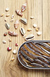 Background with smoked fish and sea shells
