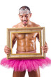 Man in pink tutu with picture frame