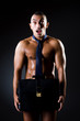 Businessman in red pants half nude