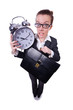 Funny woman with clock on white