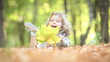 Happy child playing outdoors in autumn park