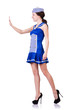 Woman in costume pushing virtual obstacle