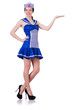Woman in costume holding hands on white