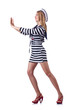 Photo: Woman in costume pushing virtual obstacle Woman in costume pushing virtual obstacle