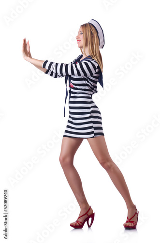 Photo: Woman in costume pushing virtual obstacle Woman in costume pushing virtual obstacle