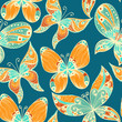 Blue vintage hand drawn seamless background with butterflies