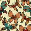 Bright vintage hand drawn seamless background with butterflies