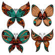 Set of four painted butterfly silhouettes over white background