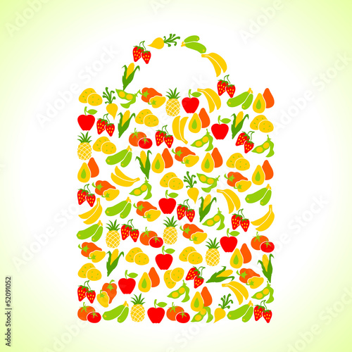 Vector: Fruits and vegetables in the shape of shopping bag. Fruits and vegetables in the shape of shopping bag.