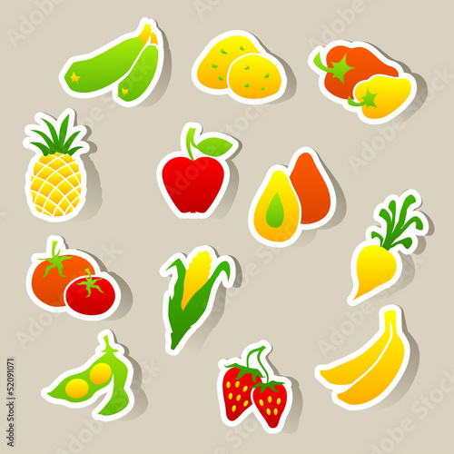 Vector: Set of fruit and vegetables stickers. Set of fruit and vegetables stickers.