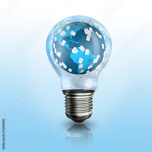 Illustration: A light bulb with a globe inside A light bulb with a globe inside