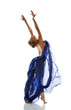 Pretty young blonde dancing with blue cloth