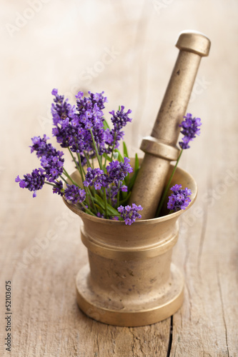 Photo: mortar with lavender flowers mortar with lavender flowers