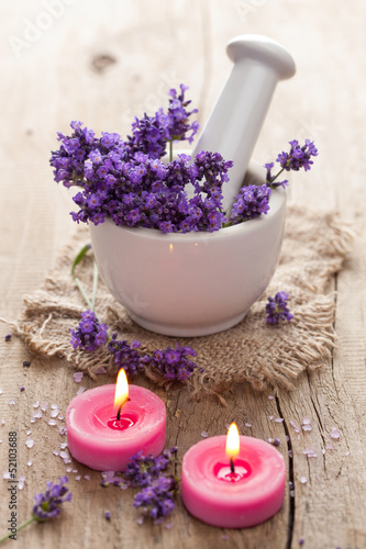 Photo: spa set with lavender flowers spa set with lavender flowers