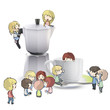 Illustration: Kids around cuo of coffee, and coffee pot. Kids around cuo of coffee, and coffee pot.