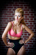 girl in swimsuit posing provocatively in front of a brick wall
