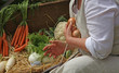 woman in costume while collecting onions from a cart full of veg