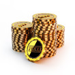 Tree stacks of golden Poker Chips on white background
