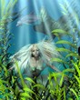 Illustration: Green and Blue Mermaid Peering through Seaweed Green and Blue Mermaid Peering through Seaweed