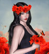 Beautiful woman portrait with crown of poppies