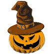 Halloween pumpkin in magic witch hat