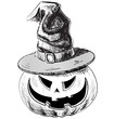 Halloween pumpkin in magic witch hat