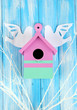 Photo: Decorative nesting box with paper birds and color branches, Decorative nesting box with paper birds and color branches,