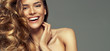 Photo: Happy blonde woman with copy space for your text isolated on gre Happy blonde woman with copy space for your text isolated on gre