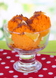 Delicious ice cream on table on bright background