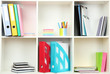Foto: White office shelves with different stationery, close up White office shelves with different stationery, close up